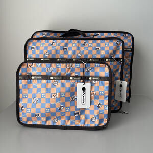 Lesportsac Cats Checkered Pattern Organizer Travel Bag Set of 3 NWT
